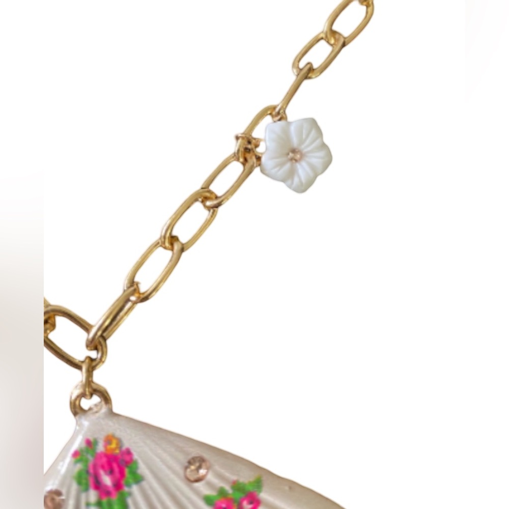 Betsey Johnson NWT Shell Necklace Pink Crystals & Floral Print Design (J028) - Picture 5 of 6